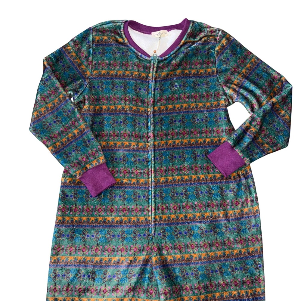 Natural Life Boho Fleece One Piece Pajama Jumpsuit Teal Print XS S - Picture 3 of 5